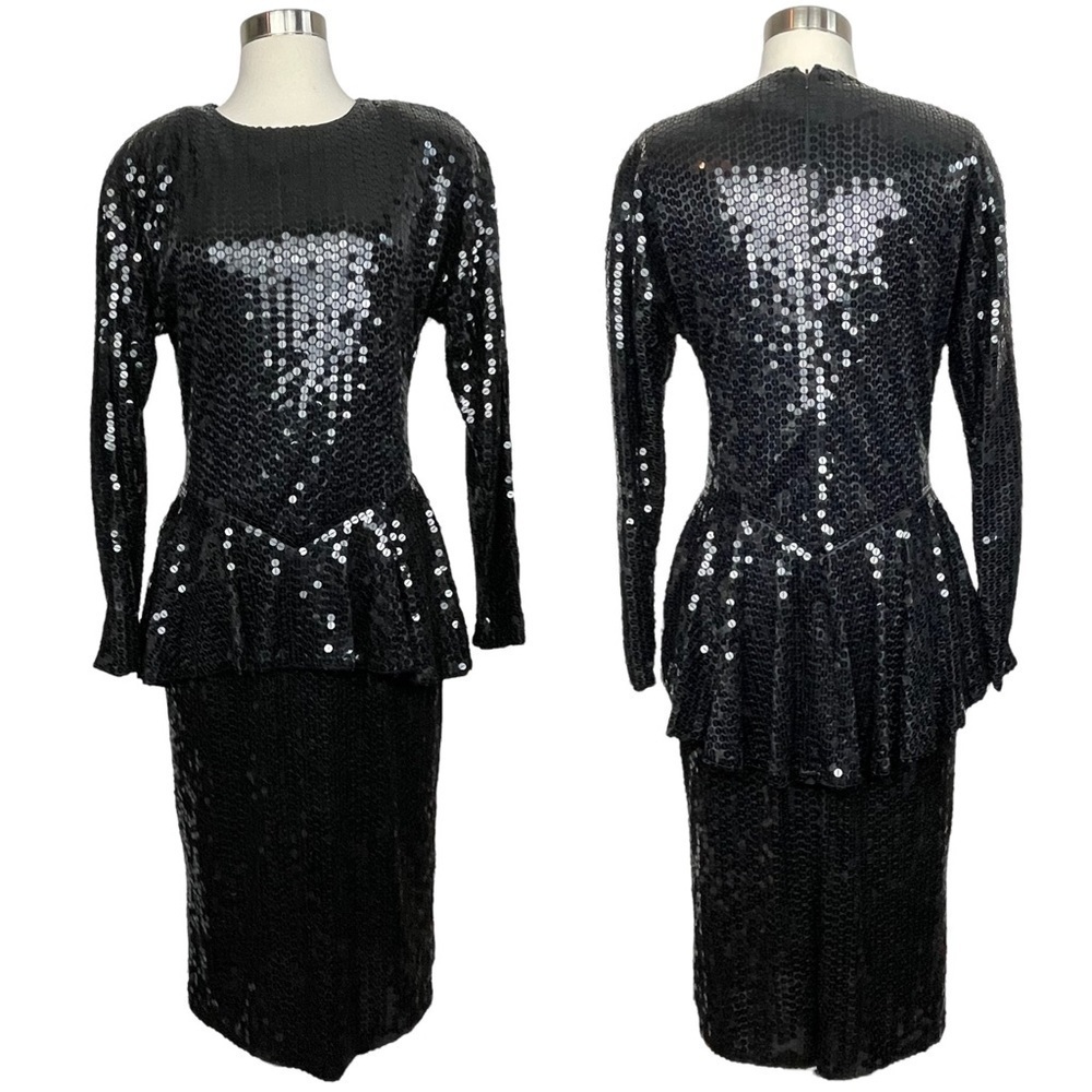 VTG 80’s Black Sequin Long Sleeve‎ Tired Midi Dress 12